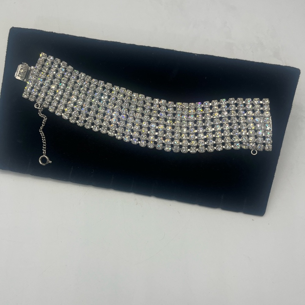 VINTAGE Clear Rhinestone Crystal Multi-Row Statement Silver Tone Bracelet